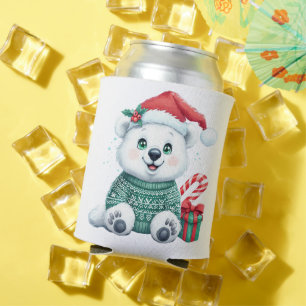 Cute Christmas Polar Bear in Festive Sweater Can Cooler