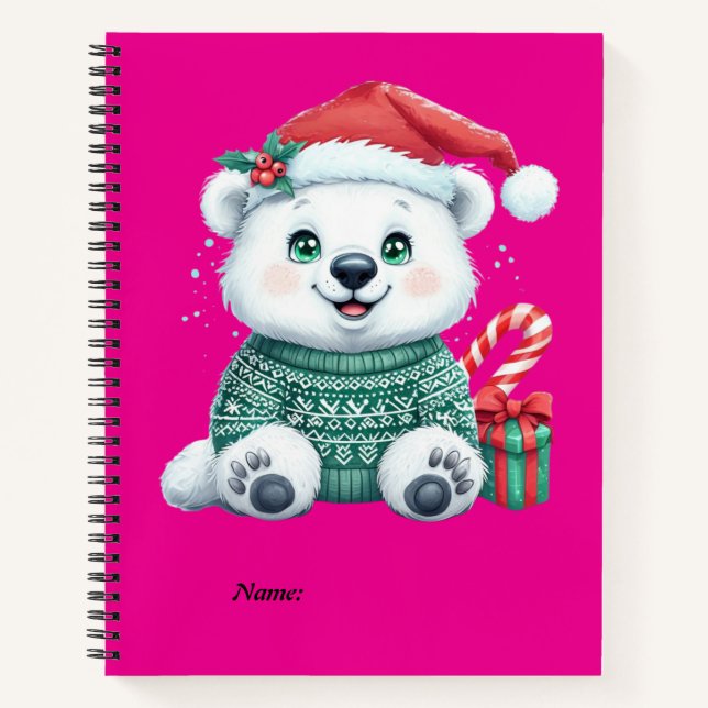 Cute Christmas Polar Bear in Festive Sweater Notebook (Front)