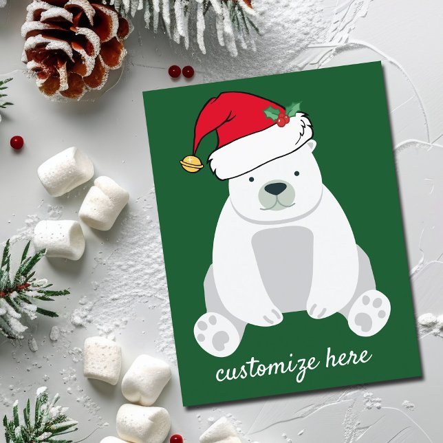 Cute Christmas Polar Bear in Santa Hat Green Postcard (Creator Uploaded)