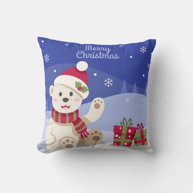 Cute Christmas Polar Bear with Santa Hat Blue Cushion (Front)