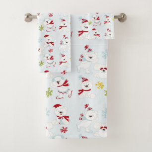 Cute Christmas Polar Bears and Snowflakes Bath Towel Set