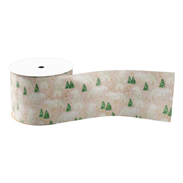 Cute Christmas Polar Bears in Evergreen Forest Grosgrain Ribbon (Spool)