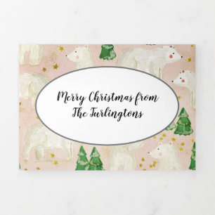 Cute Christmas Polar Bears in Evergreen Forest Tri-Fold Holiday Card
