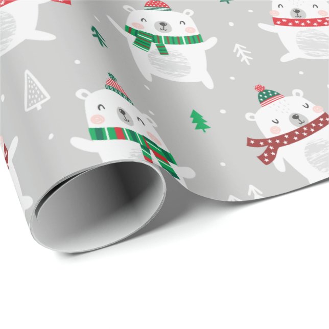 Cute Christmas Polar Bears on light grey Wrapping Paper (Roll Corner)