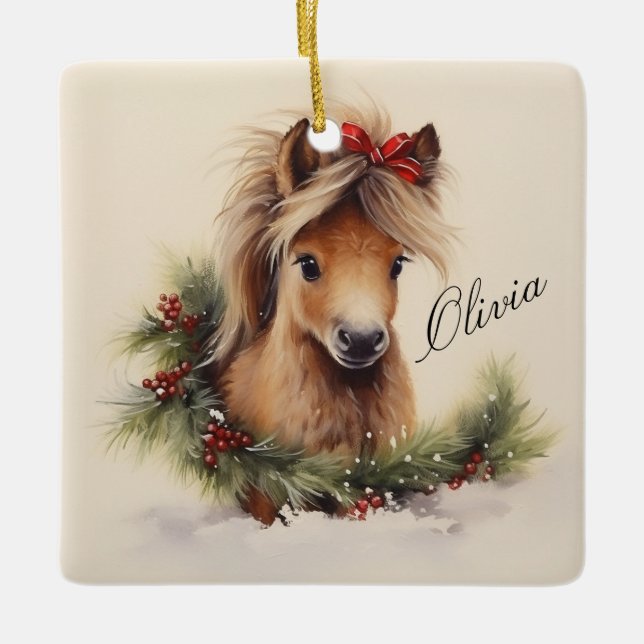 Cute Christmas Pony with Name Ceramic Ornament (Front)