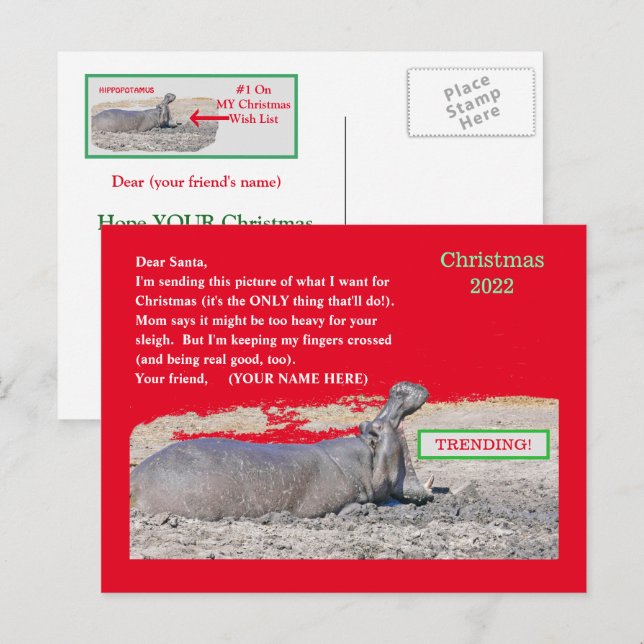 CUTE CHRISTMAS POSTCARD/  ALL I WANT FOR CHRISTMAS HOLIDAY POSTCARD (Front/Back)
