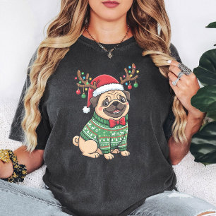Cute Christmas Pug Dog In Ugly Sweater & Antlers