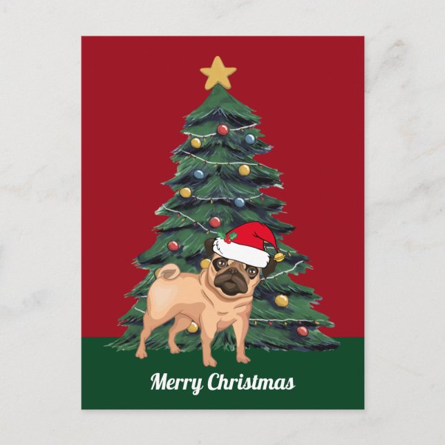 Cute Christmas Pug in Santa Hat Custom Red Holiday Postcard (Front)