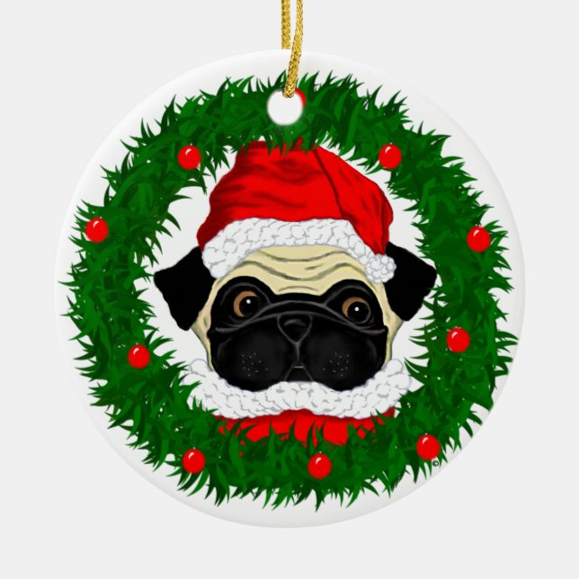 Cute Christmas Pug Santa in Wreath Ceramic Ornament (Front)