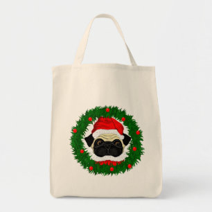 Cute Christmas Pug Santa in Wreath Tote Bag