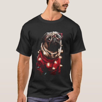 Cute Christmas Pug with Glasses Santa Hat Festive  T-Shirt