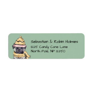 Cute Christmas Pug with Winter Hat & Scarf Green Return Address Label