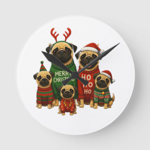 🎄 Cute Christmas Pugs in Festive Sweaters Round Clock