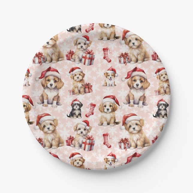 Cute Christmas Puppies and Stockings  Paper Plate (Front)