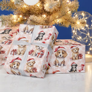 Cute Christmas Puppies and Stockings Wrapping Paper