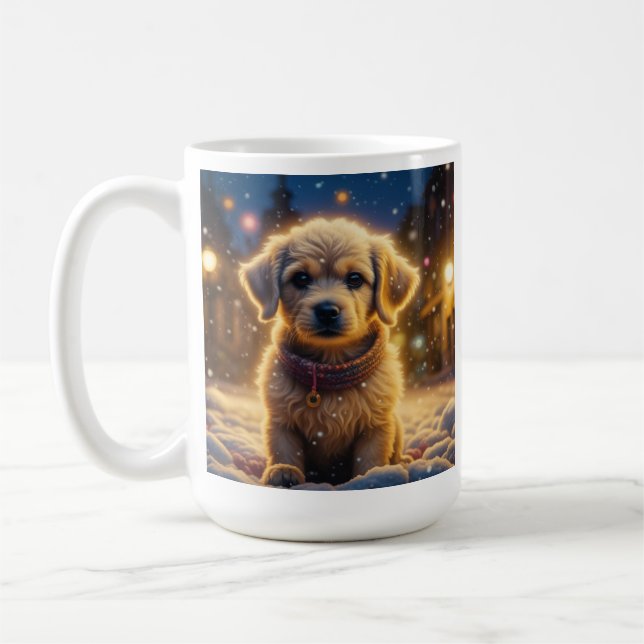 Cute Christmas Puppies on a Snowy Night Coffee Mug (Left)