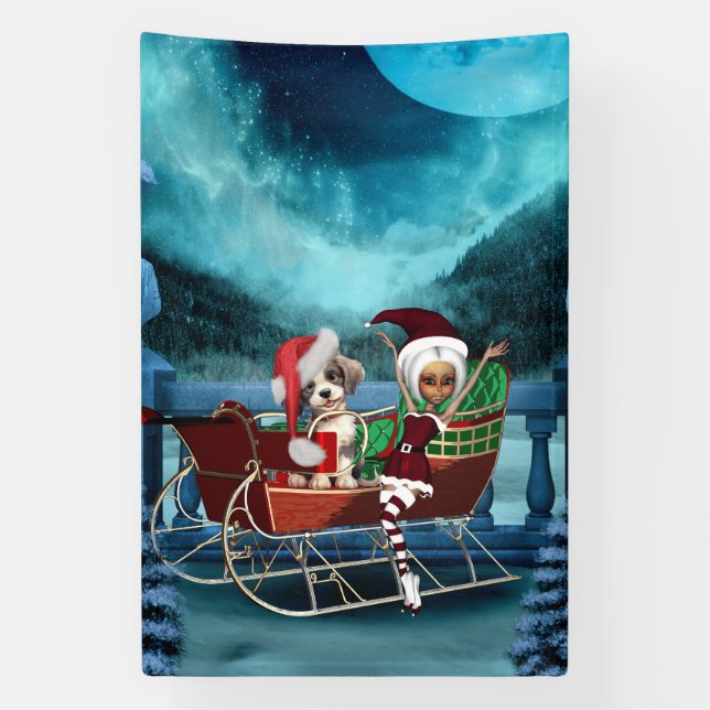 Cute christmas puppy and elf banner (Vertical)