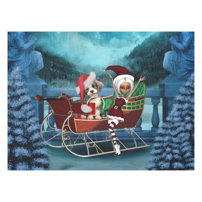 Cute christmas puppy and elf tablecloth (Front (Horizontal))