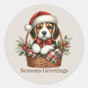 Cute Christmas puppy customisable Seasons Greeting Classic Round Sticker