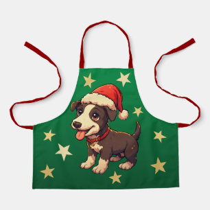 Cute Christmas Puppy Forest Green Shades Apron