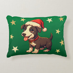 Cute Christmas Puppy Forest Green Shades Decorative Cushion