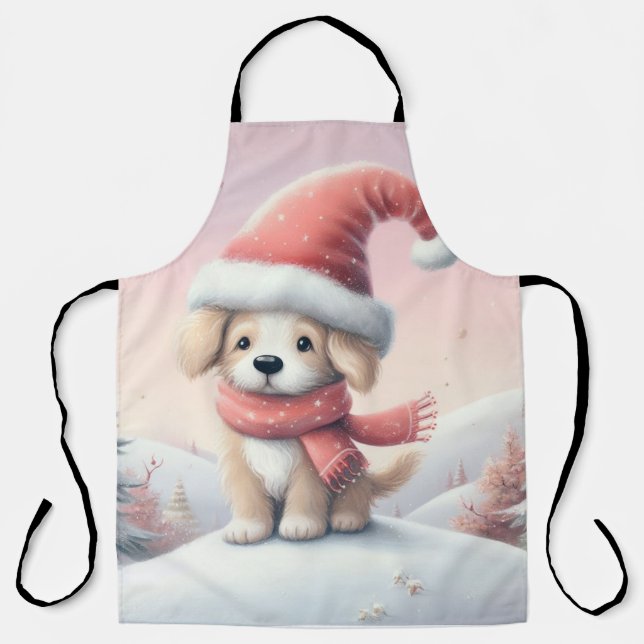 Cute Christmas puppy in santa hat Apron (Front)