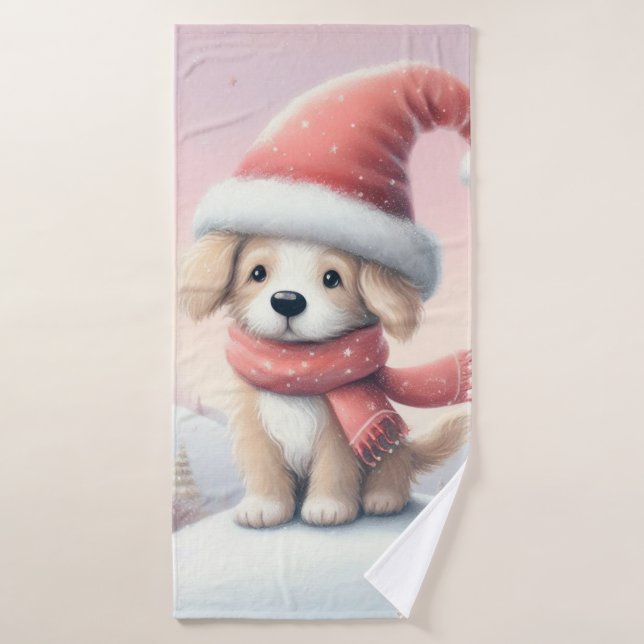 Cute Christmas puppy in santa hat Bath Towel (Bath Towel)
