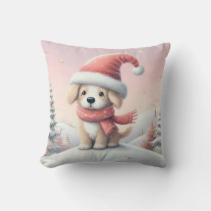 Cute Christmas puppy in santa hat Cushion