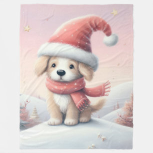 Cute Christmas puppy in santa hat Fleece Blanket