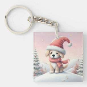 Cute Christmas puppy in santa hat Key Ring
