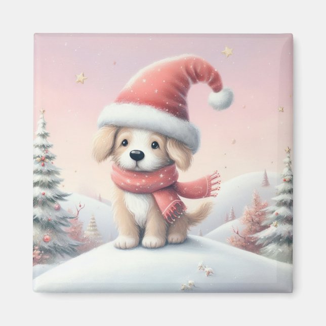 Cute Christmas puppy in santa hat Magnet (Front)