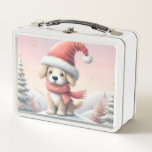 Cute Christmas puppy in santa hat Metal Lunch Box<br><div class="desc">snow</div>