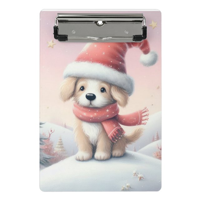 Cute Christmas puppy in santa hat Mini Clipboard (Front)