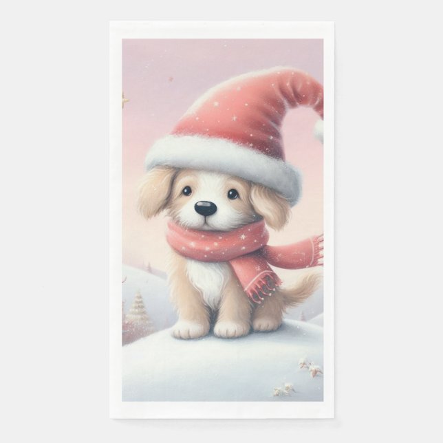 Cute Christmas puppy in santa hat Napkin (Front)