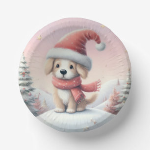 Cute Christmas puppy in santa hat Paper Plate