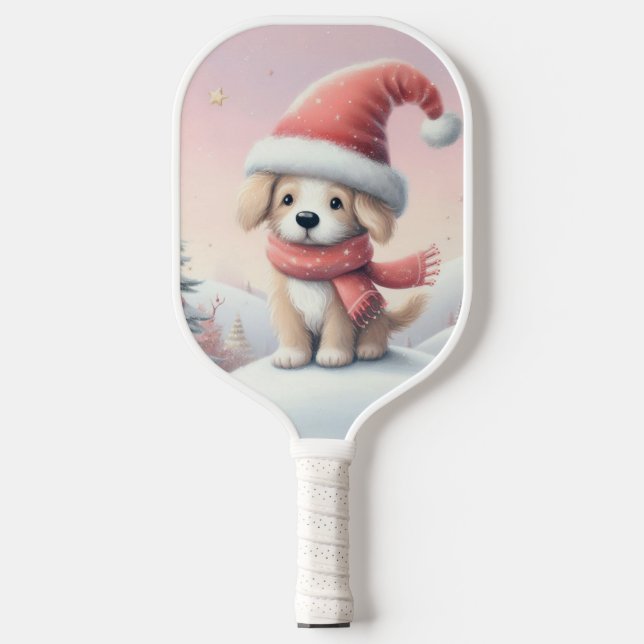Cute Christmas puppy in santa hat Pickleball Paddle (Front)