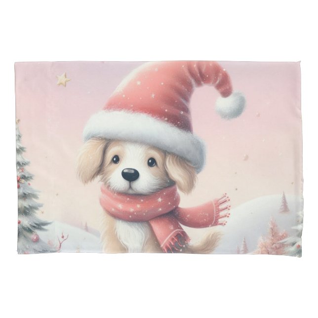 Cute Christmas puppy in santa hat Pillowcase (Front)