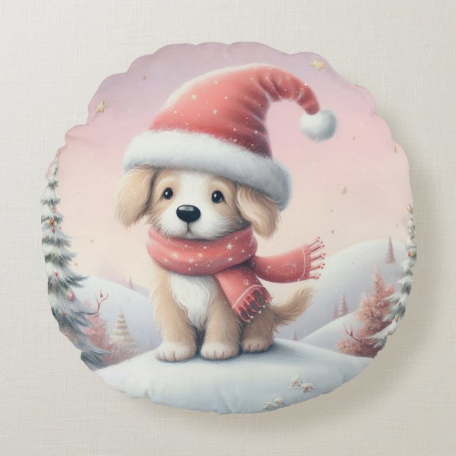 Cute Christmas puppy in santa hat Round Cushion (Front)