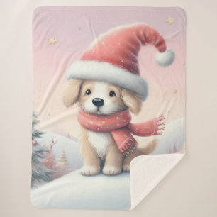 Cute Christmas puppy in santa hat Sherpa Blanket