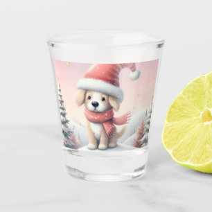 Cute Christmas puppy in santa hat Shot Glass