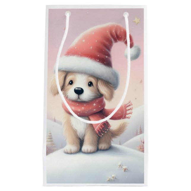 Cute Christmas puppy in santa hat Small Gift Bag (Front)