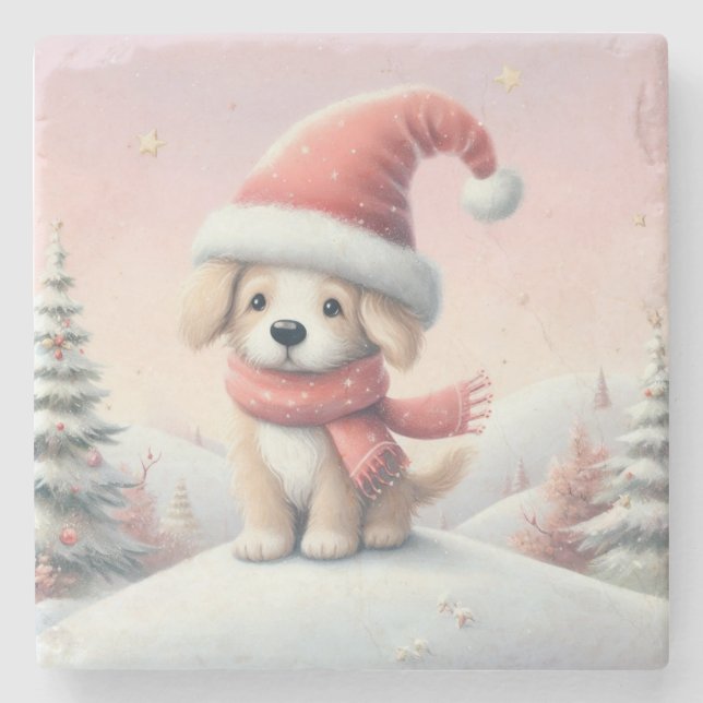 Cute Christmas puppy in santa hat Stone Coaster (Front)