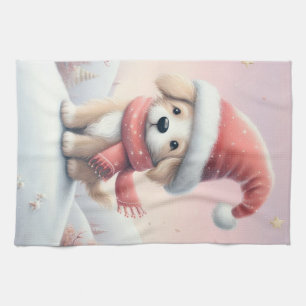 Cute Christmas puppy in santa hat Tea Towel