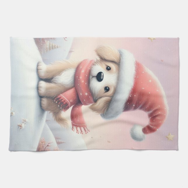 Cute Christmas puppy in santa hat Tea Towel (Horizontal)