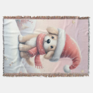 Cute Christmas puppy in santa hat Throw Blanket