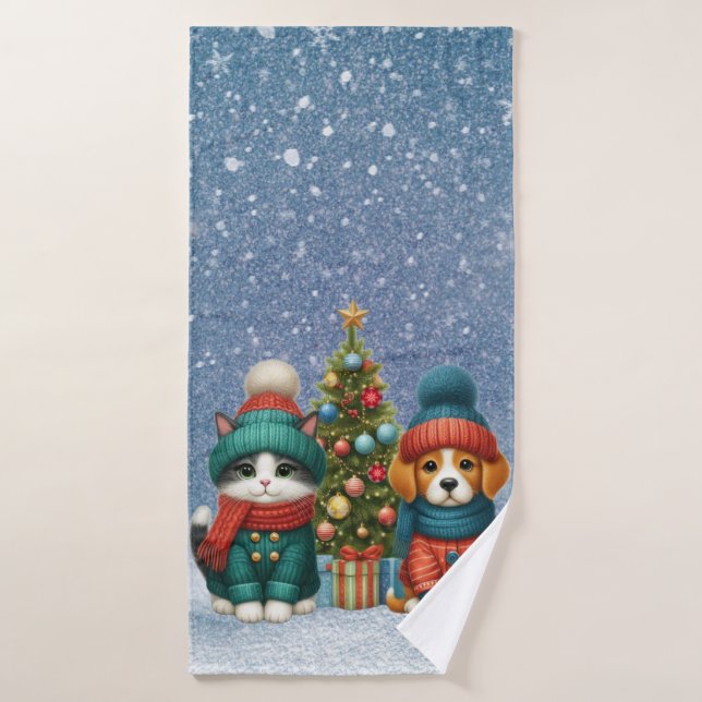 Cute Christmas puppy & kitten Bath Towel (Bath Towel)