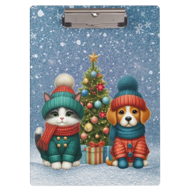 Cute Christmas puppy & kitten Clipboard (Front)