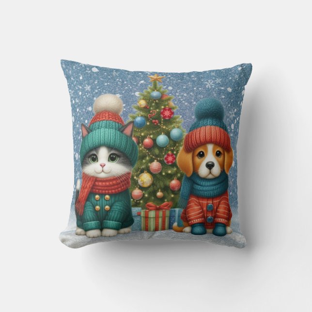Cute Christmas puppy & kitten Cushion (Front)