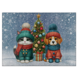 Cute Christmas puppy & kitten Cutting Board