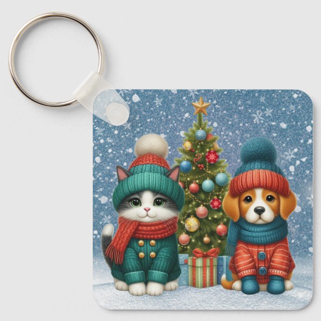 Cute Christmas puppy & kitten Key Ring (Front)